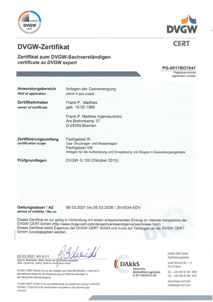 Bestellungsurkunde DVGW